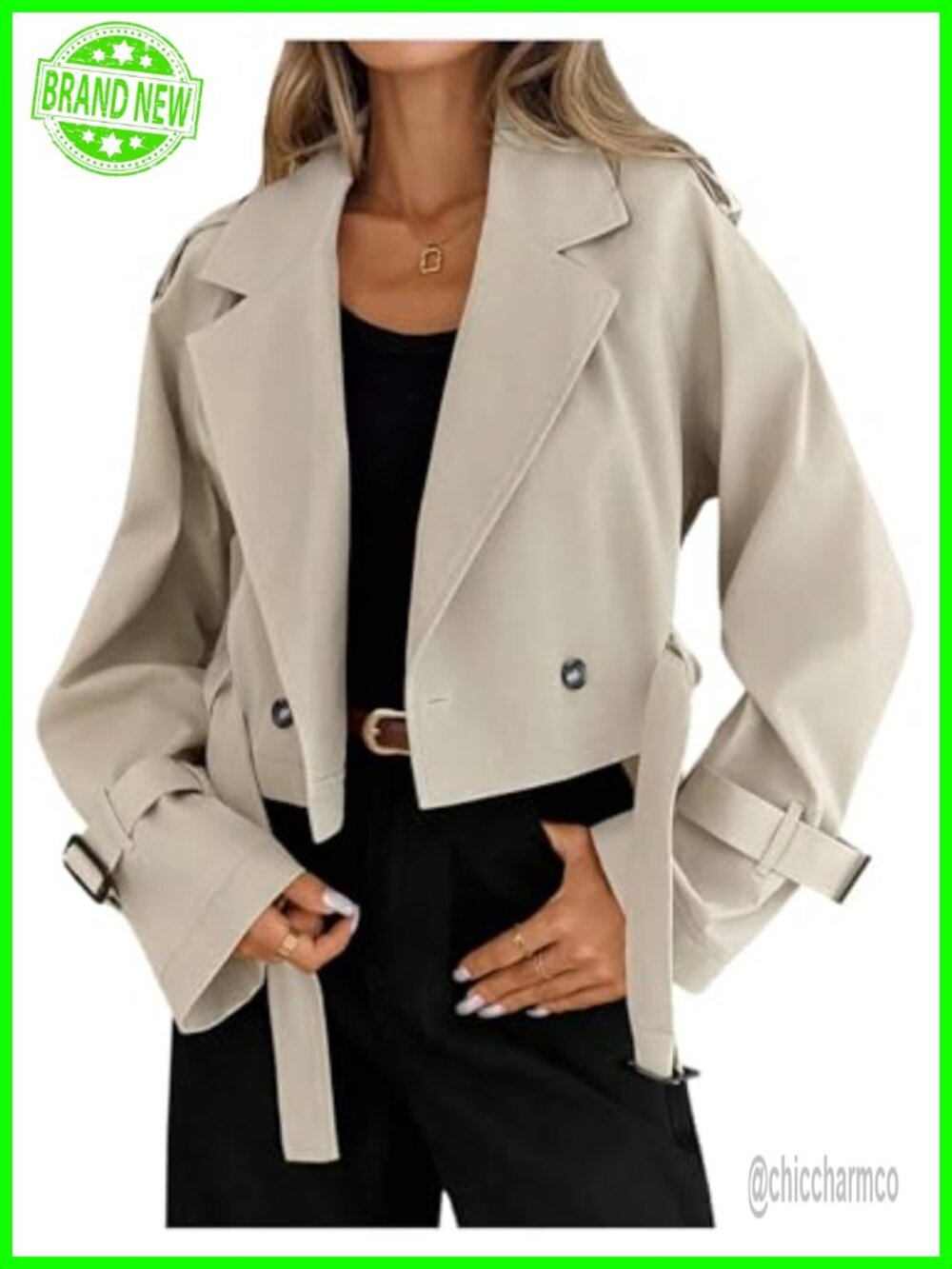 Women's Cropped Trench Coat Long Sleeve Double-Breasted Belted Work Office